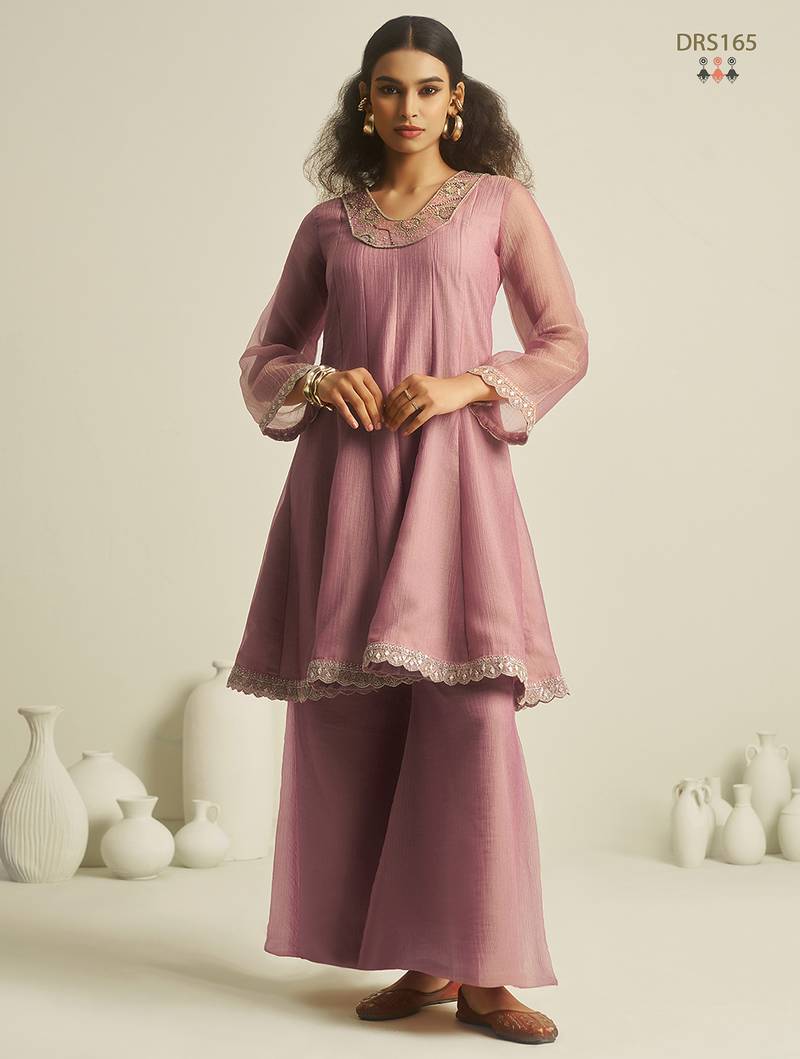 Pink pure tissue hand-work round kurta set with sequin embellished neckline & palazzo