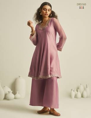 Pink pure tissue hand-work round kurta set with sequin embellished neckline & palazzo 2