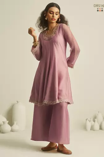 Pink pure tissue hand-work round kurta set with sequin embellished neckline & palazzo