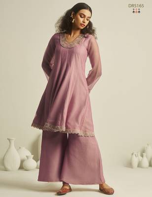 Pink pure tissue hand-work round kurta set with sequin embellished neckline & palazzo 3