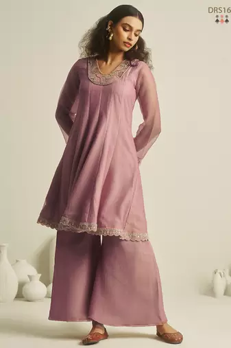 Pink pure tissue hand-work round kurta set with sequin embellished neckline & palazzo