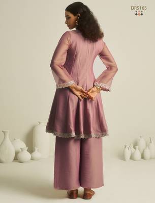 Pink pure tissue hand-work round kurta set with sequin embellished neckline & palazzo 4