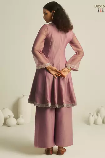 Pink pure tissue hand-work round kurta set with sequin embellished neckline & palazzo