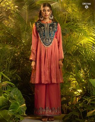 Premium fendi hand-work kurta plazoo dupatta set in elegant orange rust 1