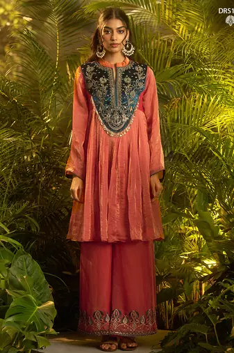 Premium fendi hand-work kurta plazoo dupatta set in elegant orange rust