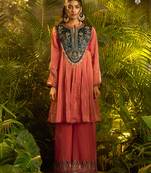 Premium fendi hand-work kurta plazoo dupatta set in elegant orange rust