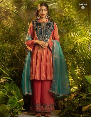 Premium fendi hand-work kurta plazoo dupatta set in elegant orange rust 2