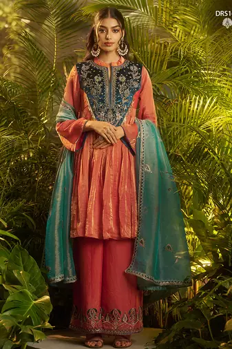 Premium fendi hand-work kurta plazoo dupatta set in elegant orange rust