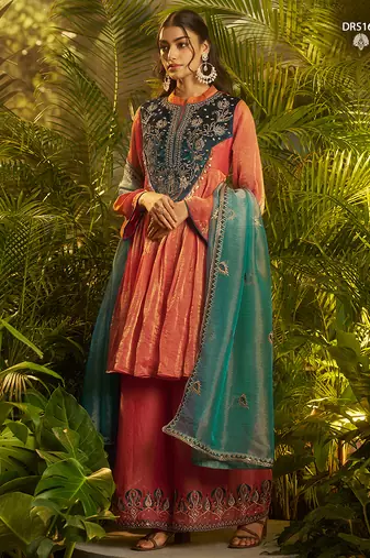 Premium fendi hand-work kurta plazoo dupatta set in elegant orange rust