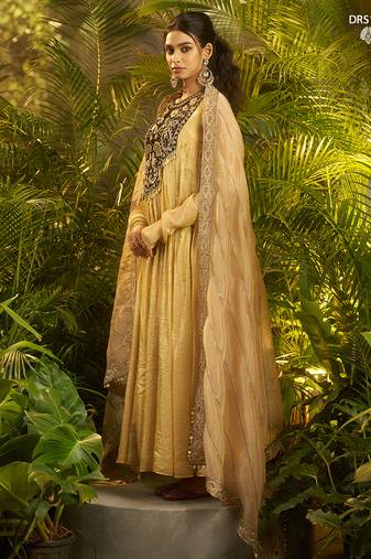 Luxury fendi anarkali gown with hand-embroidered black yoke and dupatta set