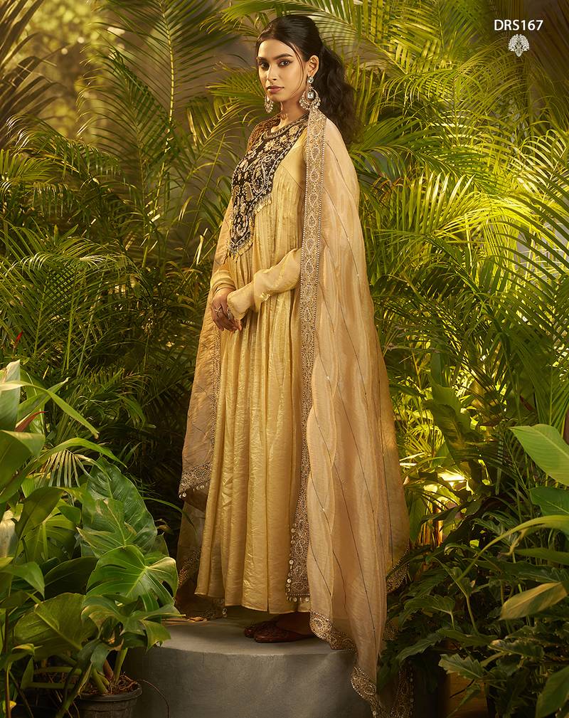 Luxury fendi anarkali gown with hand-embroidered black yoke and dupatta set