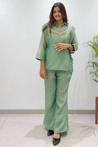 sea green color hand work silk blend salwar suit 