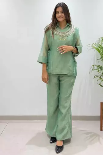 sea green color hand work silk blend salwar suit 
