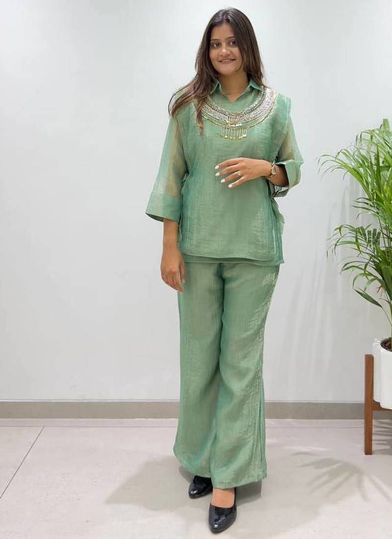sea green color hand work silk blend salwar suit 