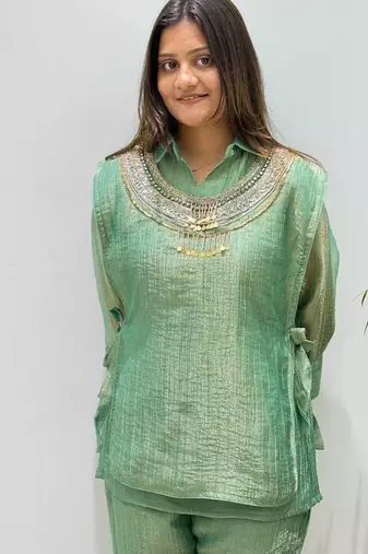sea green color hand work silk blend salwar suit 