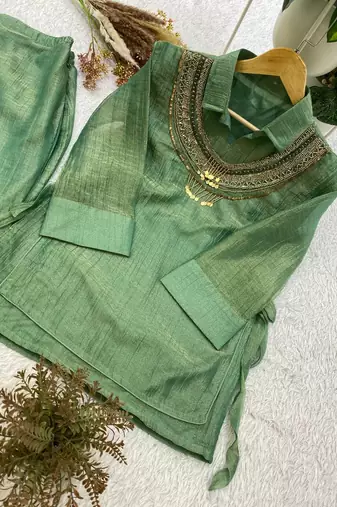 sea green color hand work silk blend salwar suit 