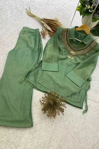 sea green color hand work silk blend salwar suit 