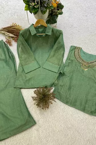 sea green color hand work silk blend salwar suit 