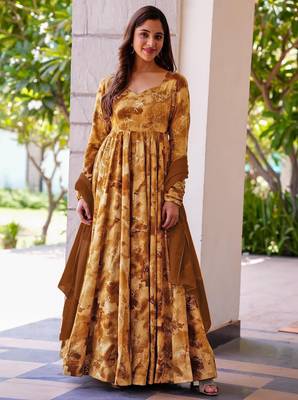 Mustard rayon digital print anarkali gown with dupatta set 1