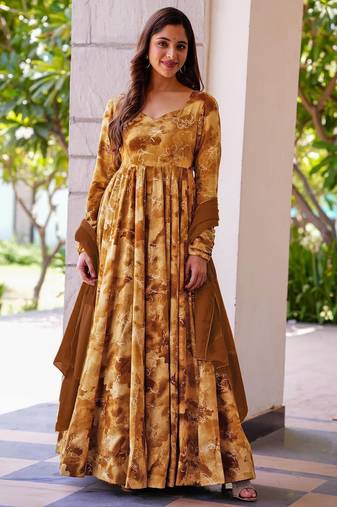 Mustard rayon digital print anarkali gown with dupatta set