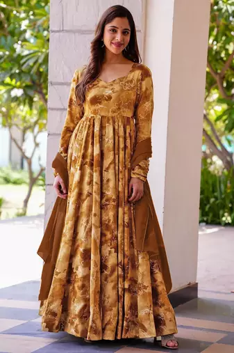 Mustard rayon digital print anarkali gown with dupatta set