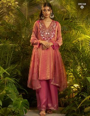 Designer pink fendi silk suit with hand cut-dana embroidery and dupatta 1