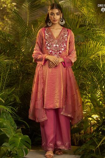 Designer pink fendi silk suit with hand cut-dana embroidery and dupatta