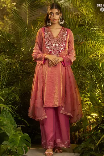 Designer pink fendi silk suit with hand cut-dana embroidery and dupatta