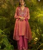 Designer pink fendi silk suit with hand cut-dana embroidery and dupatta