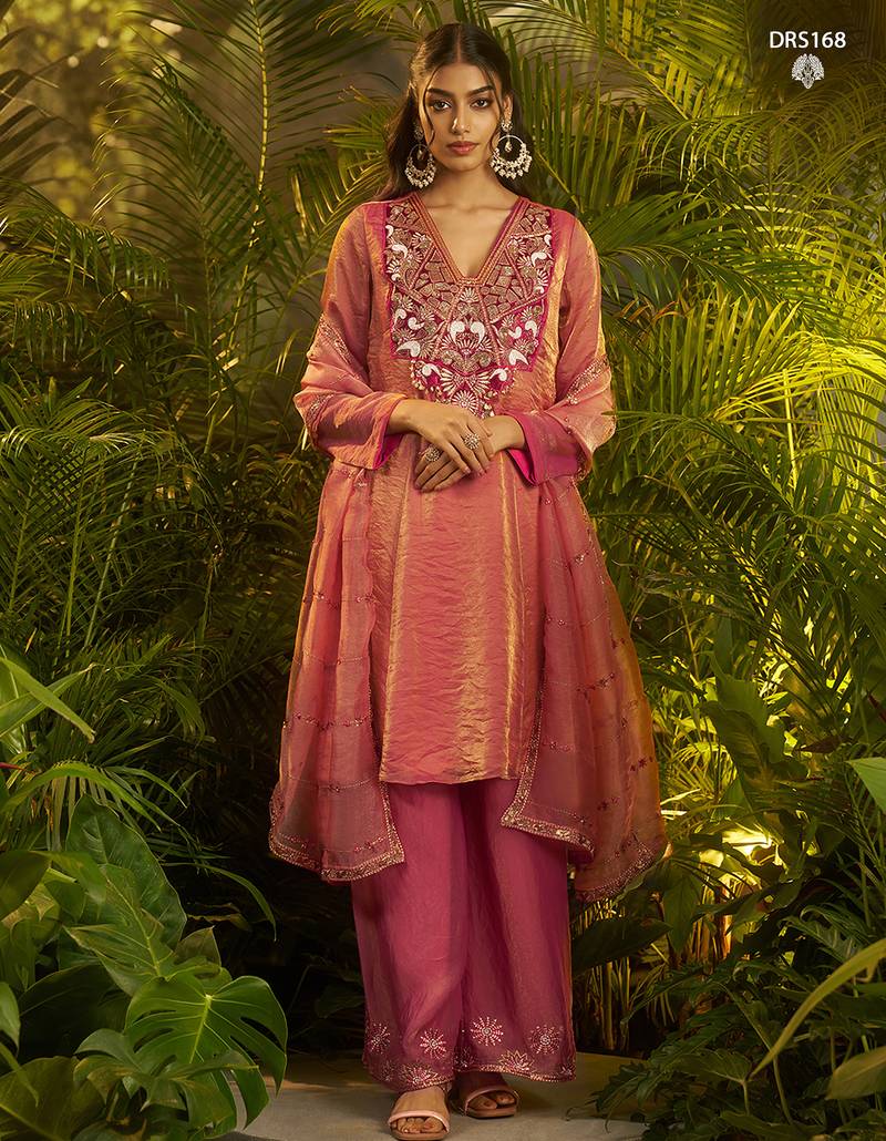 Designer pink fendi silk suit with hand cut-dana embroidery and dupatta