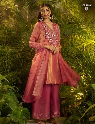 Designer pink fendi silk suit with hand cut-dana embroidery and dupatta 2