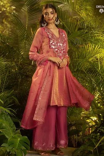 Designer pink fendi silk suit with hand cut-dana embroidery and dupatta