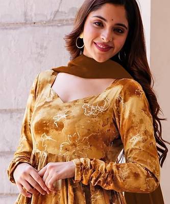 Mustard rayon digital print anarkali gown with dupatta set 2