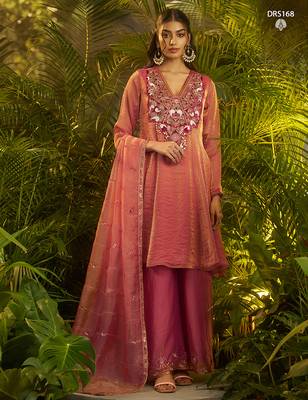 Designer pink fendi silk suit with hand cut-dana embroidery and dupatta 3