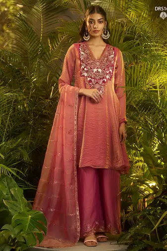 Designer pink fendi silk suit with hand cut-dana embroidery and dupatta
