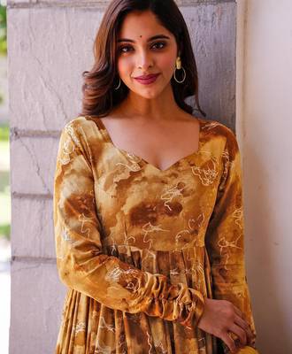Mustard rayon digital print anarkali gown with dupatta set 3