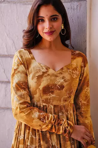 Mustard rayon digital print anarkali gown with dupatta set
