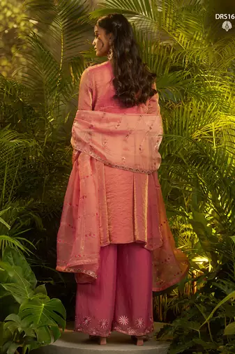 Designer pink fendi silk suit with hand cut-dana embroidery and dupatta