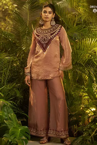 Premium brown fendi kurta set with heavy maroon hand-embroidered velvet yoke