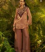Premium brown fendi kurta set with heavy maroon hand-embroidered velvet yoke