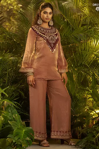Premium brown fendi kurta set with heavy maroon hand-embroidered velvet yoke