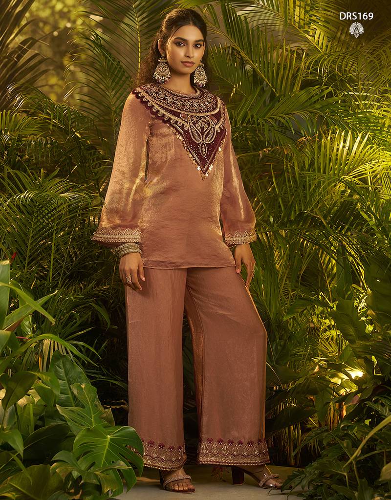 Premium brown fendi kurta set with heavy maroon hand-embroidered velvet yoke