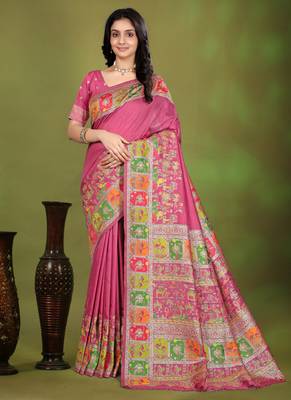 Premium light pink row pashmina silk blend party wear saree with blouse 1