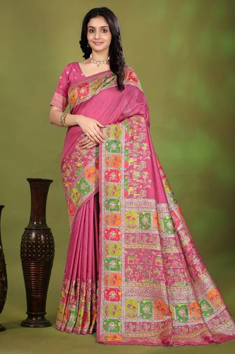 Premium light pink row pashmina silk blend party wear saree with blouse