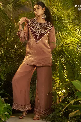 Premium brown fendi kurta set with heavy maroon hand-embroidered velvet yoke