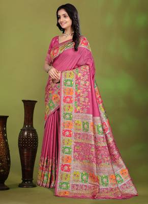 Premium light pink row pashmina silk blend party wear saree with blouse 3