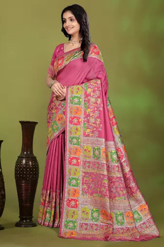 Premium light pink row pashmina silk blend party wear saree with blouse