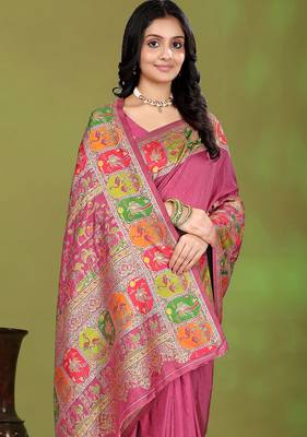 Premium light pink row pashmina silk blend party wear saree with blouse 4
