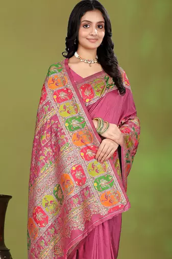 Premium light pink row pashmina silk blend party wear saree with blouse