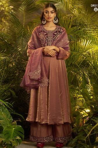 Premium purple shade fendi hand-work kurta plazoo dupatta festive set